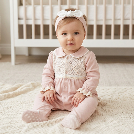 Елегантен бебешки гащеризон с дантела и лента за глава