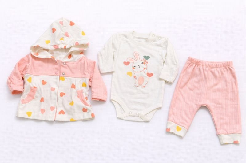 Бебешки комплект “Sweet Heart Bunny” – 3 части, розов крем и сърца