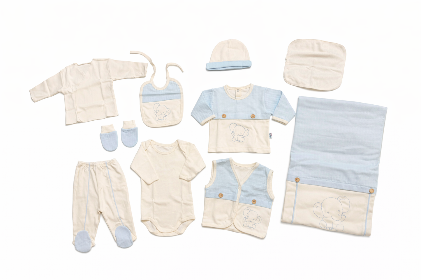 Луксозен комплект за изписване на бебе „Little Elephant Blue“ – 10 части