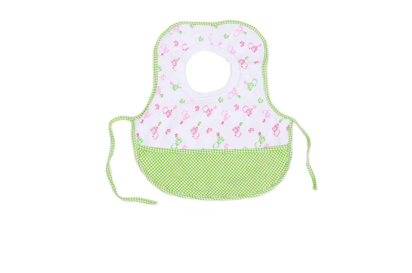 Бебешки лигавник със зелени детайли и принт на колички