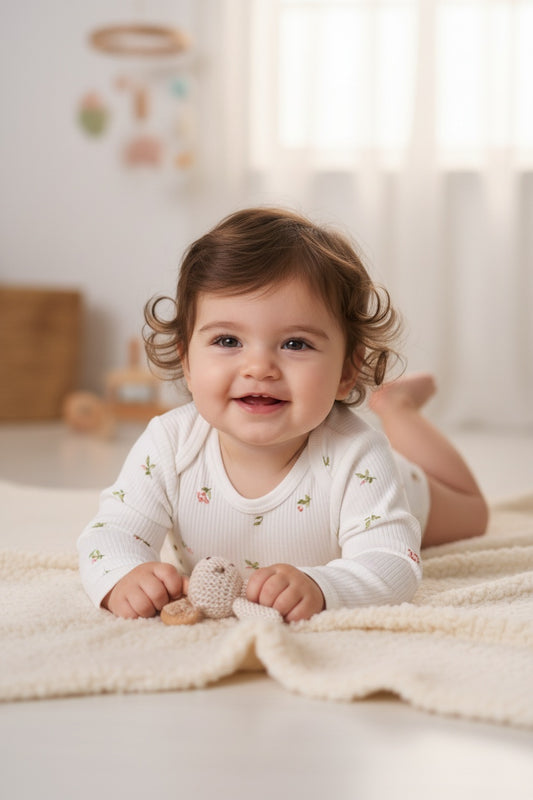 Бебешко боди с дълъг ръкав в цвят екрю с флорален десен