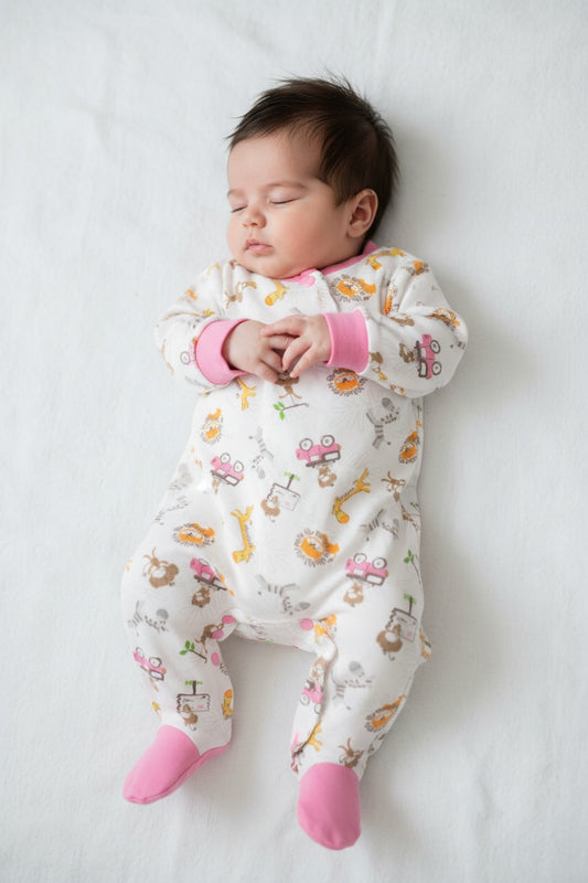 Бебешки гащеризон с животни и розови кантове