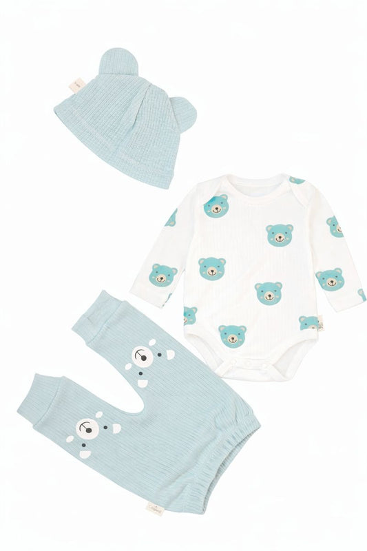 Бебешки комплект “Happy Bear” – 3 части, екрю и ментово зелено