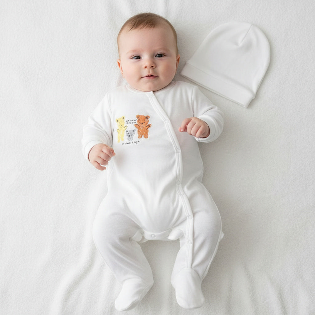 Бебешки гащеризон с шапка “Tiny Friends” – бяло