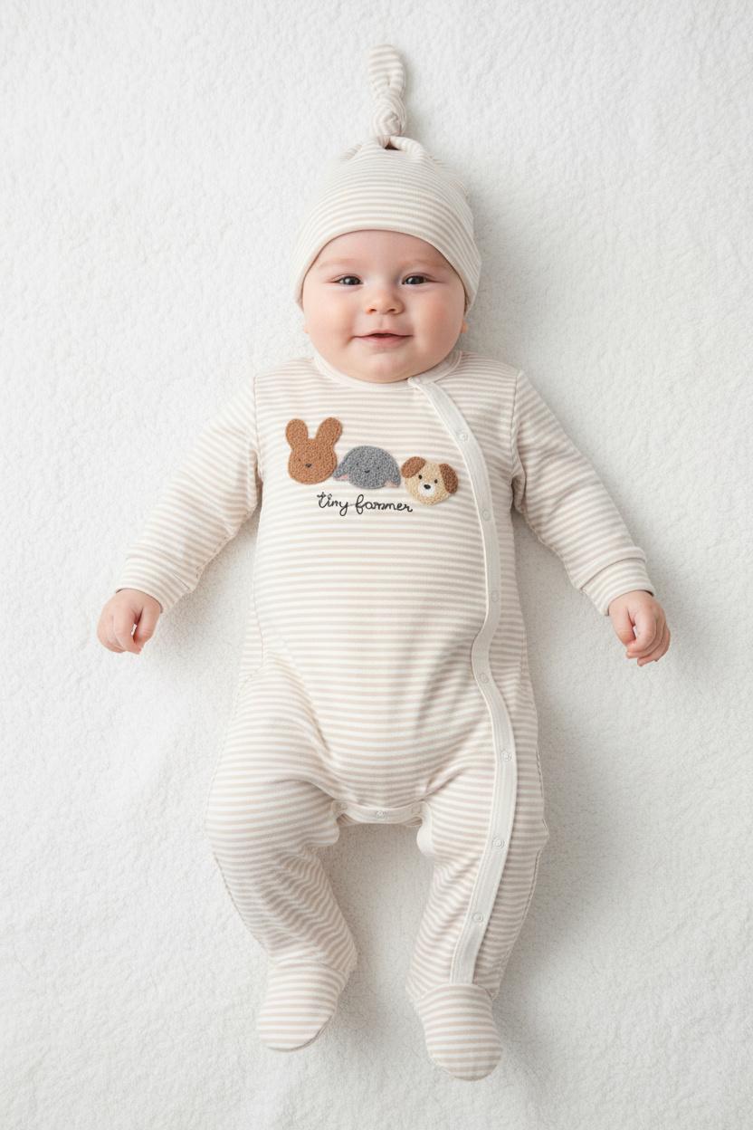 Бебешки гащеризон с шапка „Tiny Farmer“ – 2 части, бежово райе