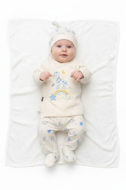 Бебешки комплект „Dreamy Giraffe“ – 3 части, екрю и небесно синьо