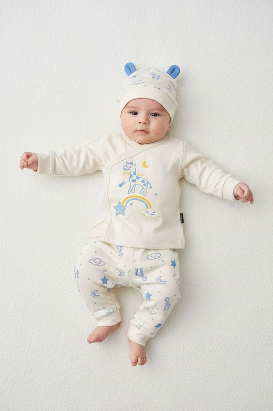 Бебешки комплект „Dreamy Giraffe“ – 3 части, екрю и небесно синьо