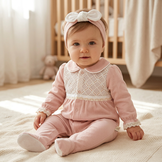 Елегантен бебешки гащеризон с дантела и лента за глава