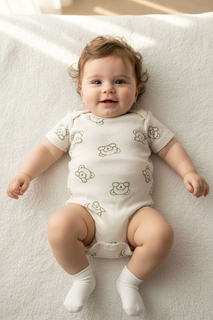 Бебешко боди с къс ръкав „Sleepy Bear” – екрю