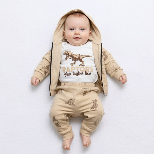 Бебешки комплект “Dino Raptors” – 3 части, бежово и екрю
