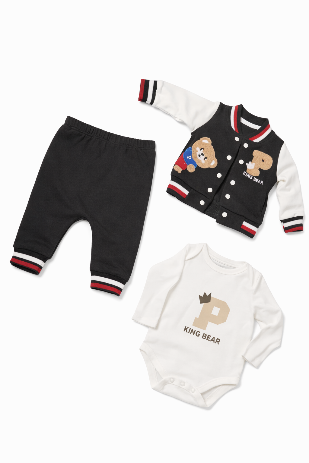 Бебешки комплект „King Bear“ – 3 части, черно и бяло