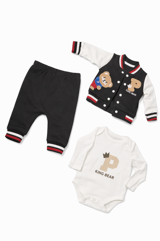 Бебешки комплект „King Bear“ – 3 части, черно и бяло
