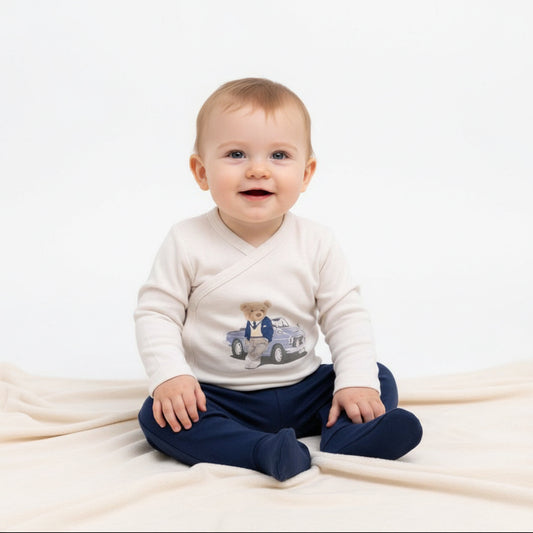 Бебешки комплект “Gentleman Bear & Car” – 2 части, тъмносиньо и екрю