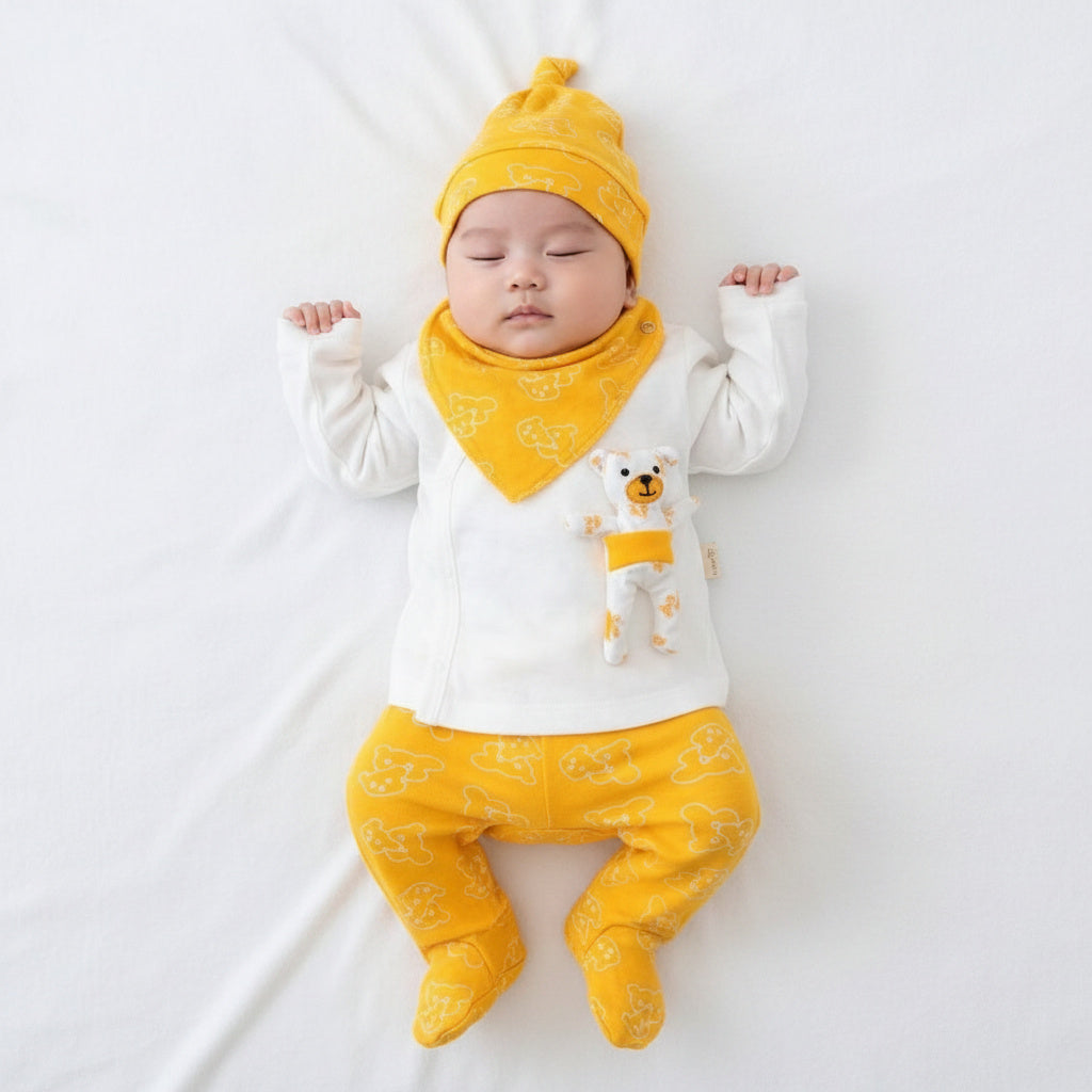 Бебешки комплект “Yellow Teddy Hug” – 5 части, жълто и бяло