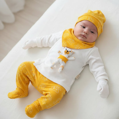 Бебешки комплект “Yellow Teddy Hug” – 5 части, жълто и бяло
