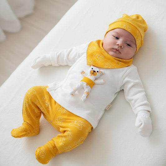 Бебешки комплект “Yellow Teddy Hug” – 5 части, жълто и бяло