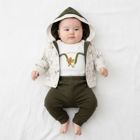 Бебешки комплект “Little Biker Bear” – 3 части, маслинено зелено и екрю