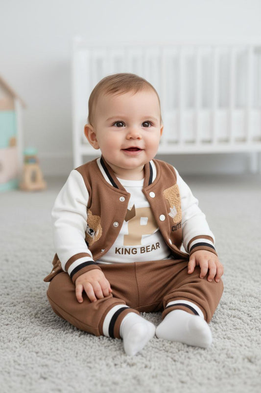 Бебешки комплект „King Bear“ – 3 части, кафяво и екрю