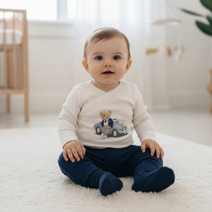 Бебешки комплект “Gentleman Bear & Car” – 2 части, тъмносиньо и екрю