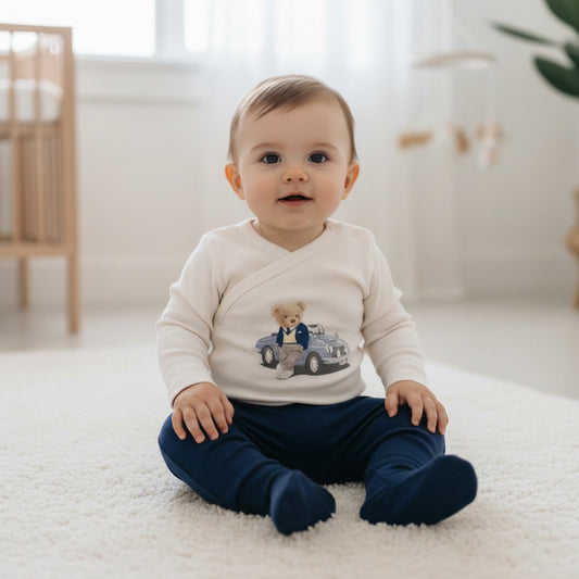 Бебешки комплект “Gentleman Bear & Car” – 2 части, тъмносиньо и екрю