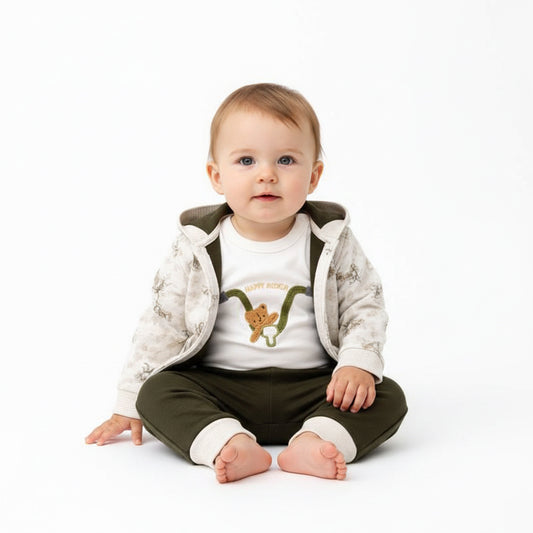 Бебешки комплект “Little Biker Bear” – 3 части, маслинено зелено и екрю