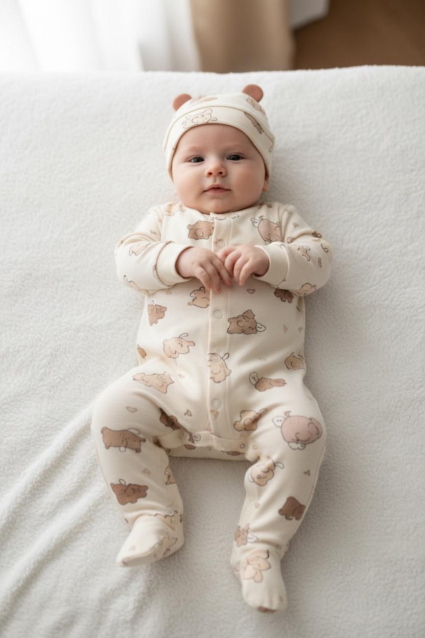 Бебешки гащеризон с шапка „Sweet Bears“ – 2 части, екрю