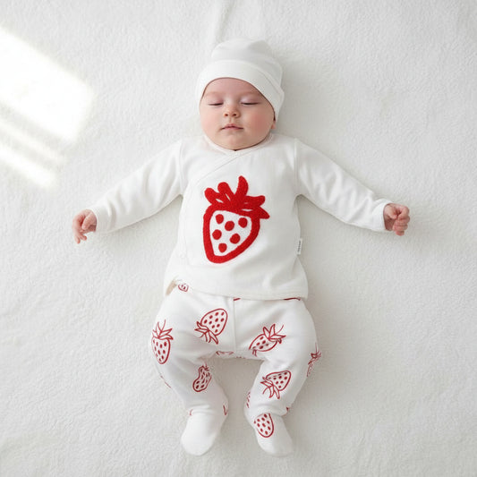 Бебешки комплект “Sweet Strawberry” – 3 части, екрю и червено