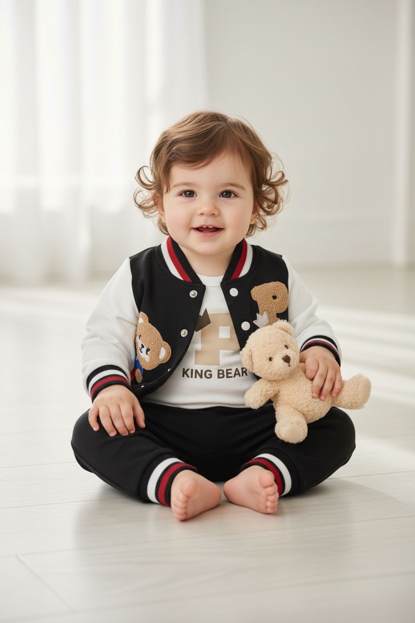 Бебешки комплект „King Bear“ – 3 части, черно и бяло