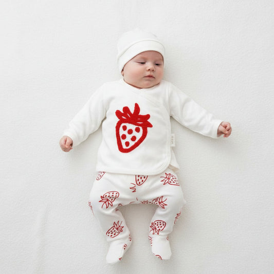 Бебешки комплект “Sweet Strawberry” – 3 части, екрю и червено