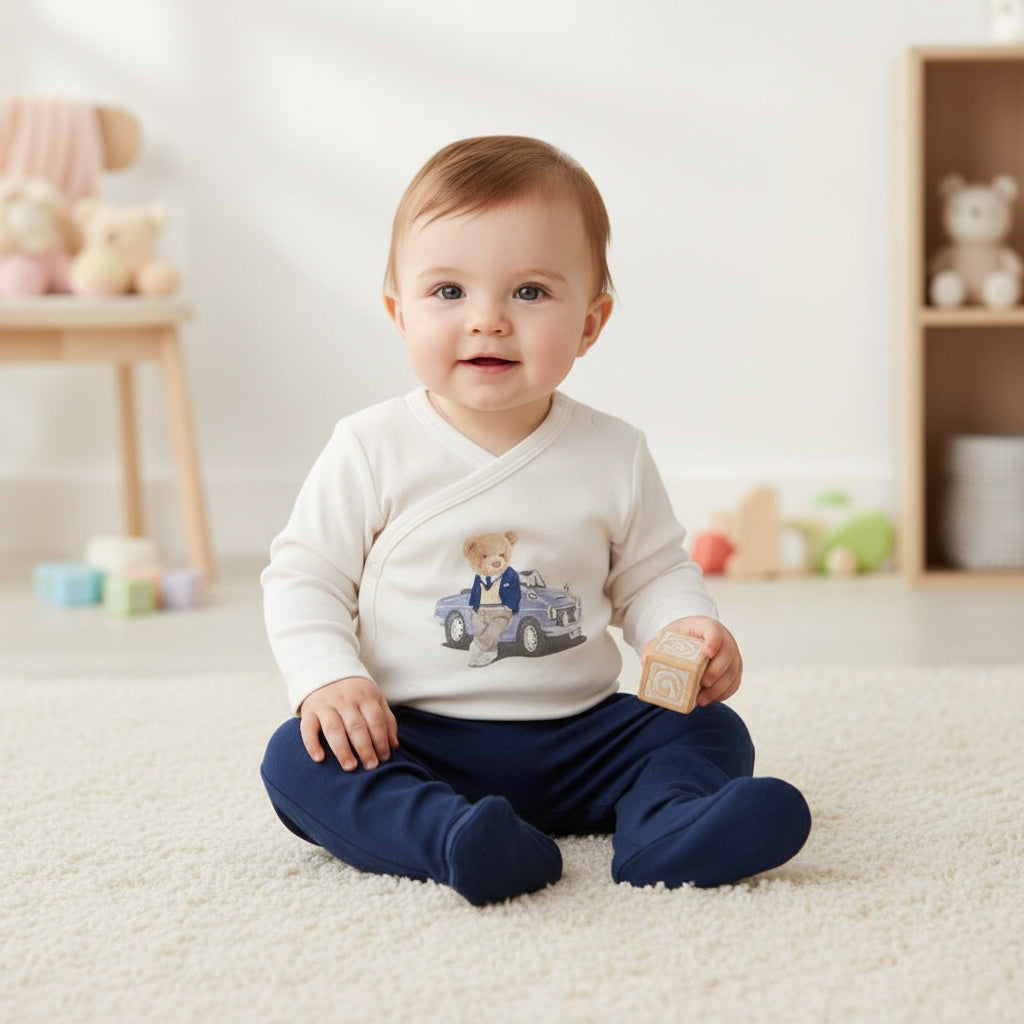 Бебешки комплект “Gentleman Bear & Car” – 2 части, тъмносиньо и екрю