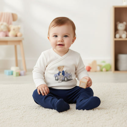 Бебешки комплект “Gentleman Bear & Car” – 2 части, тъмносиньо и екрю