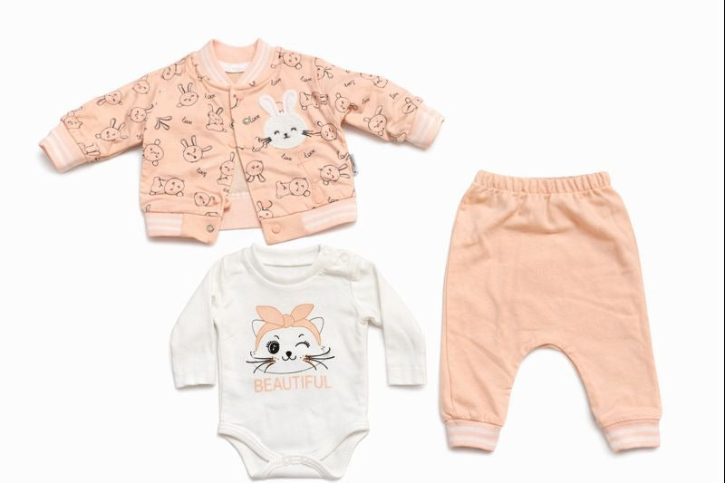 Бебешки комплект “Little Bunny &amp; Kitty” – 3 части, прасковено и бяло