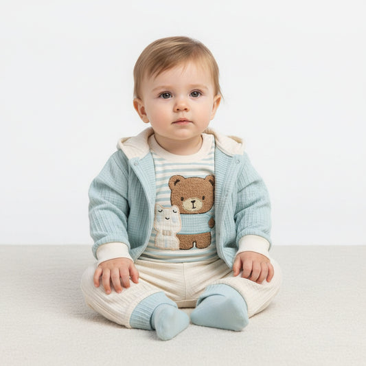 Бебешки комплект “Blue Bear Friends” – 3 части, небесносиньо и екрю