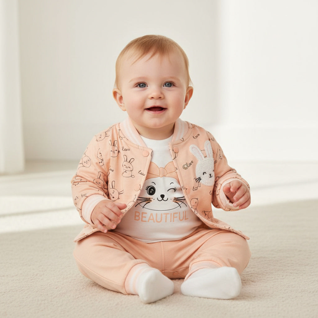 Бебешки комплект “Little Bunny &amp; Kitty” – 3 части, прасковено и бяло