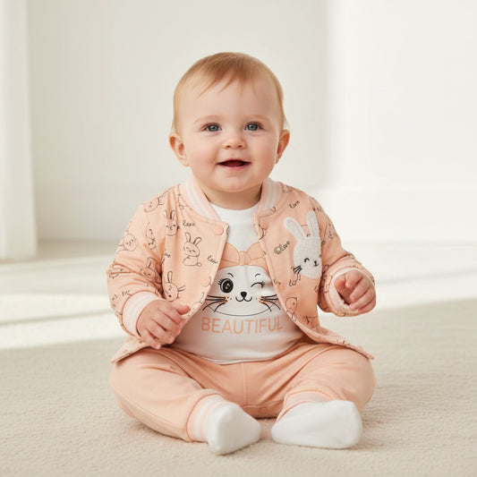 Бебешки комплект “Little Bunny &amp; Kitty” – 3 части, прасковено и бяло