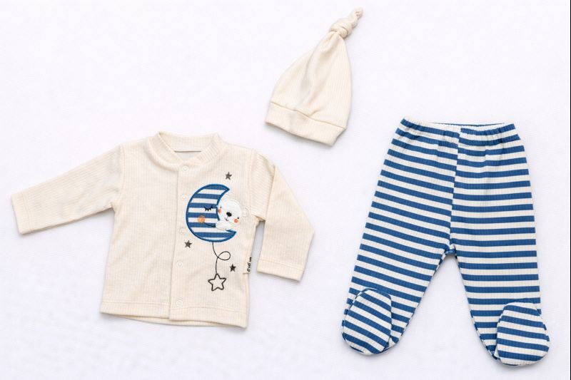 Бебешки комплект “Moon and Stars Bear” – 3 части, синьо райе и екрю