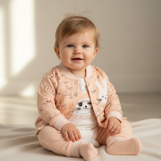 Бебешки комплект “Little Bunny &amp; Kitty” – 3 части, прасковено и бяло