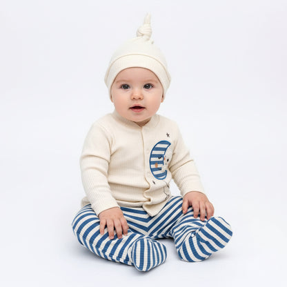 Бебешки комплект “Moon and Stars Bear” – 3 части, синьо райе и екрю