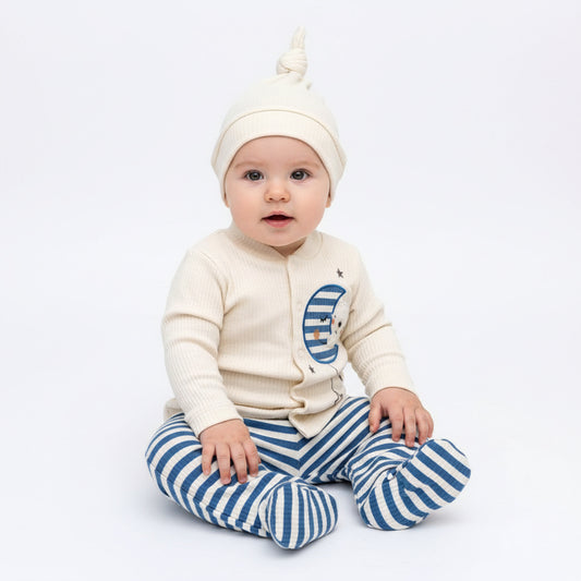 Бебешки комплект “Moon and Stars Bear” – 3 части, синьо райе и екрю