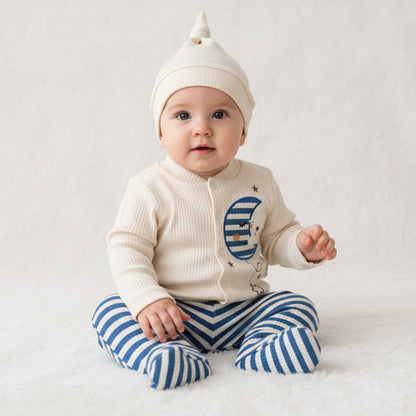 Бебешки комплект “Moon and Stars Bear” – 3 части, синьо райе и екрю