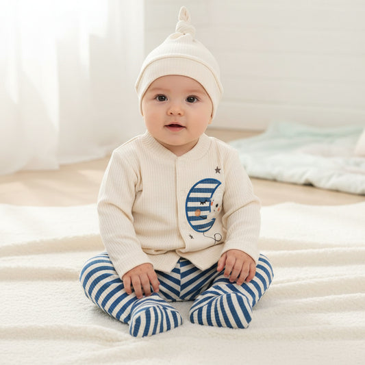 Бебешки комплект “Moon and Stars Bear” – 3 части, синьо райе и екрю