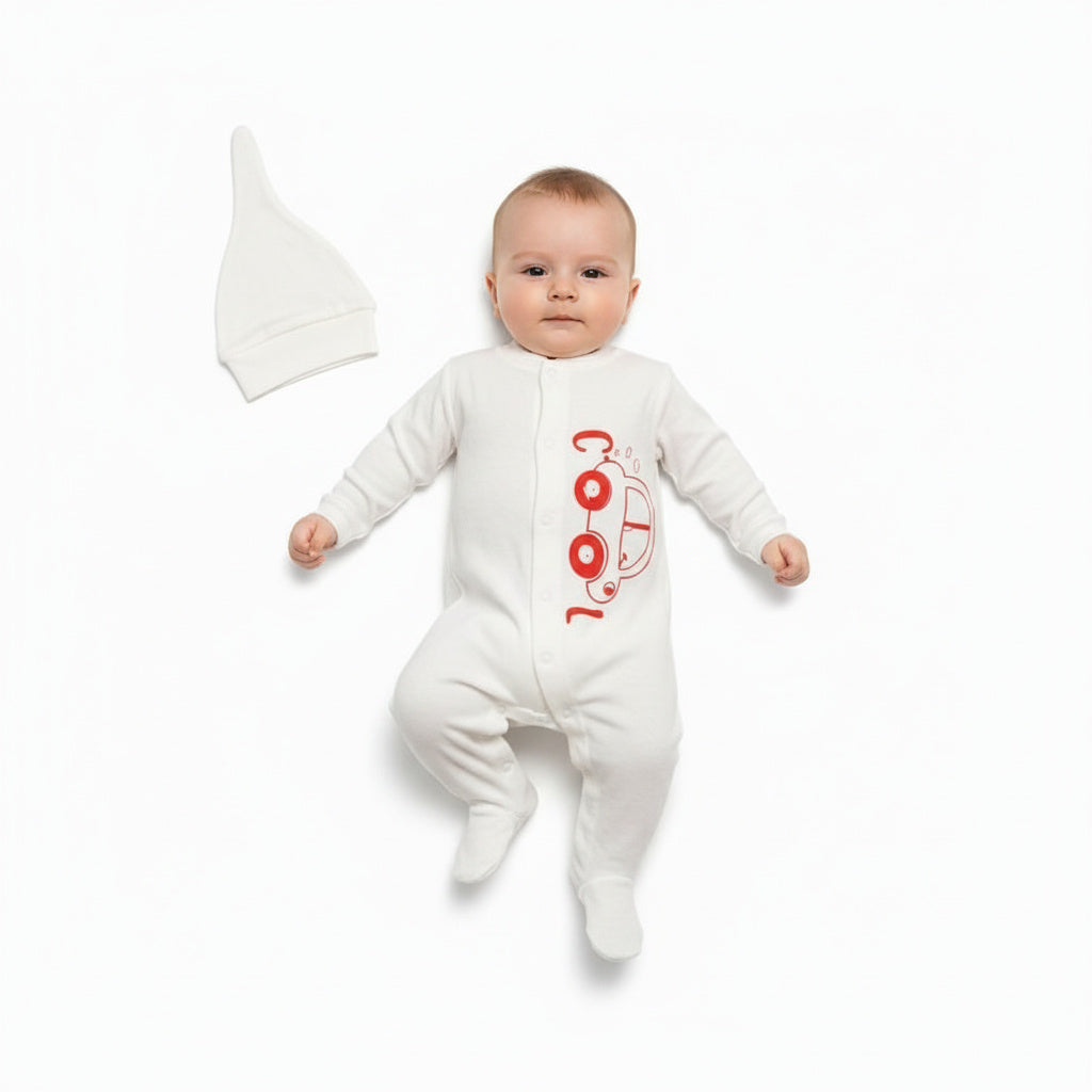 Бебешки гащеризон с шапчица “Little Ride” – бяло