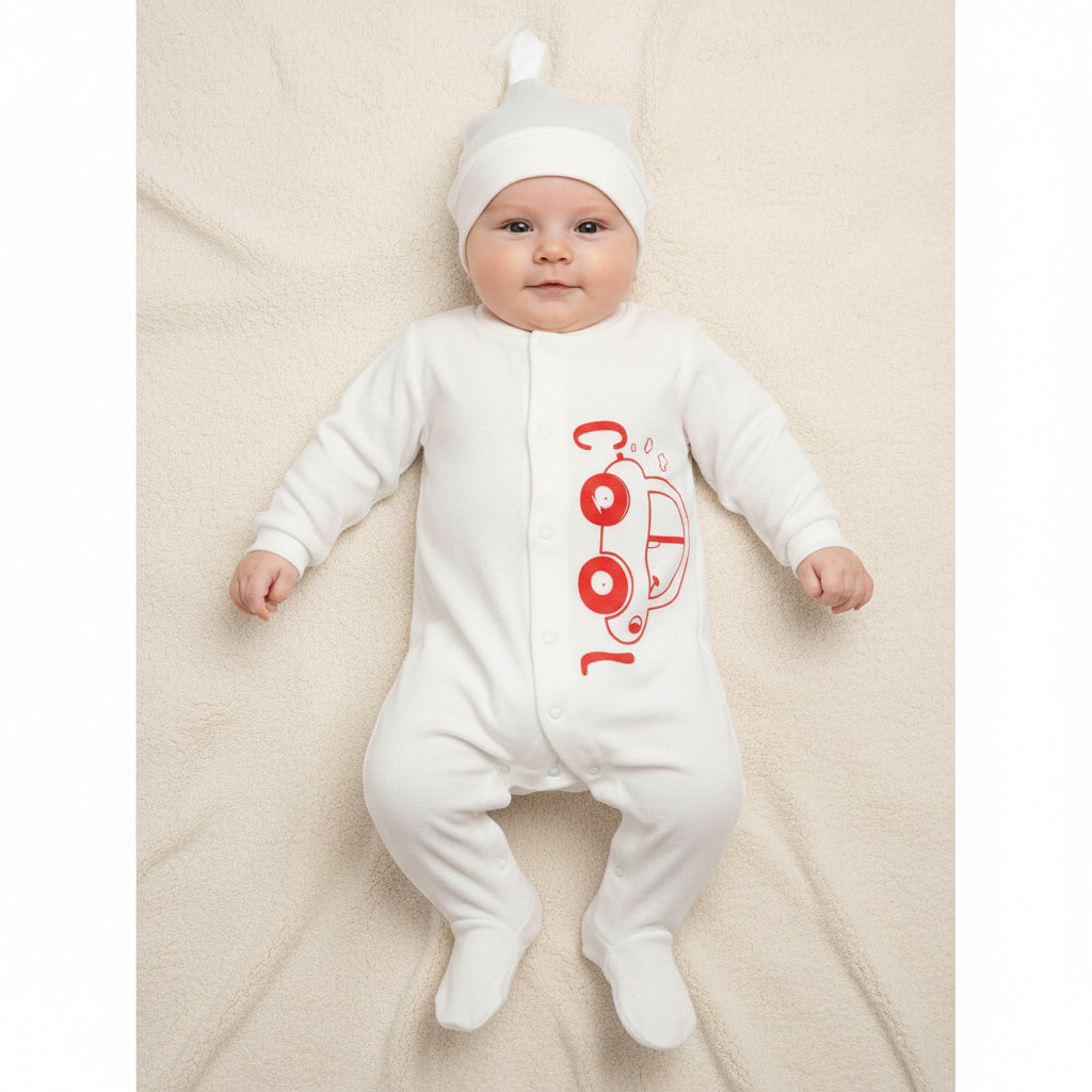 Бебешки гащеризон с шапчица “Little Ride” – бяло