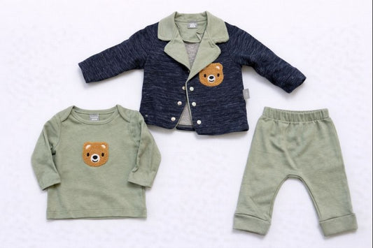 Бебешки комплект “Forest Bear Gentleman” – 3 части, тъмносин и маслина