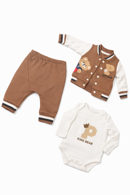 Бебешки комплект „King Bear“ – 3 части, кафяво и екрю