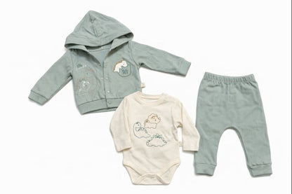 Бебешки комплект “Little Dino” – 3 части, зелено и кремаво