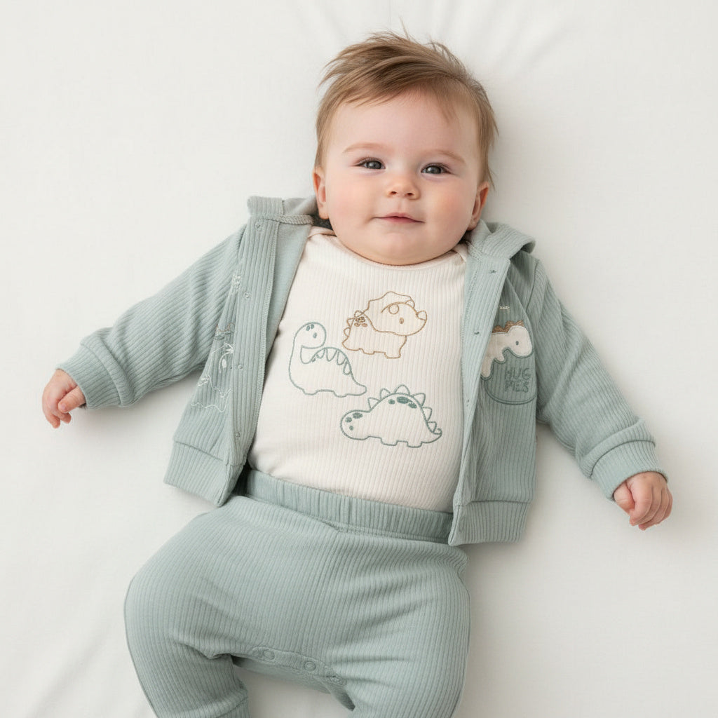 Бебешки комплект “Little Dino” – 3 части, зелено и кремаво