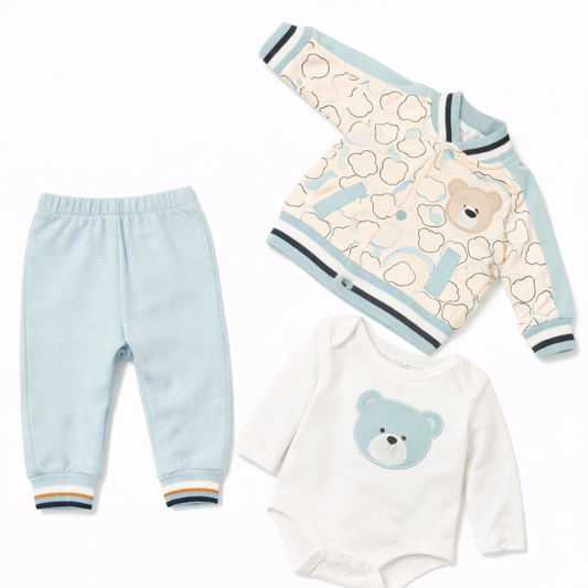 Бебешки комплект „Little Bear“ – 3 части, бяло и светлосиньо