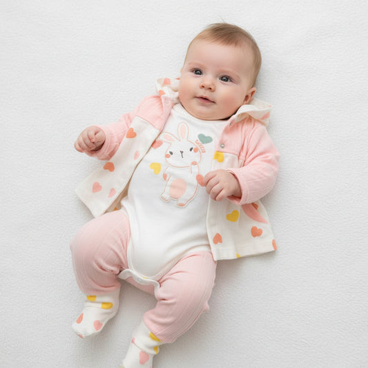 Бебешки комплект “Sweet Heart Bunny” – 3 части, розов крем и сърца