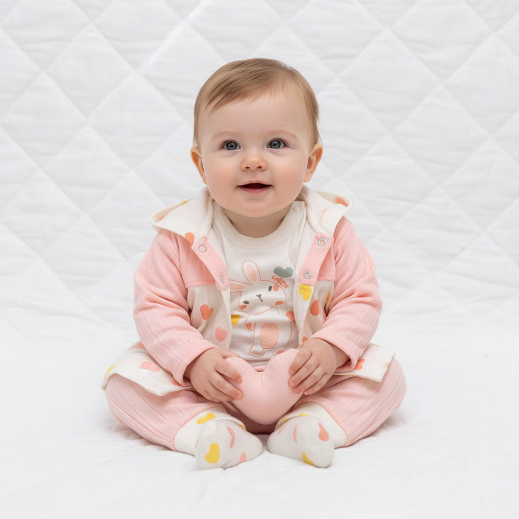 Бебешки комплект “Sweet Heart Bunny” – 3 части, розов крем и сърца